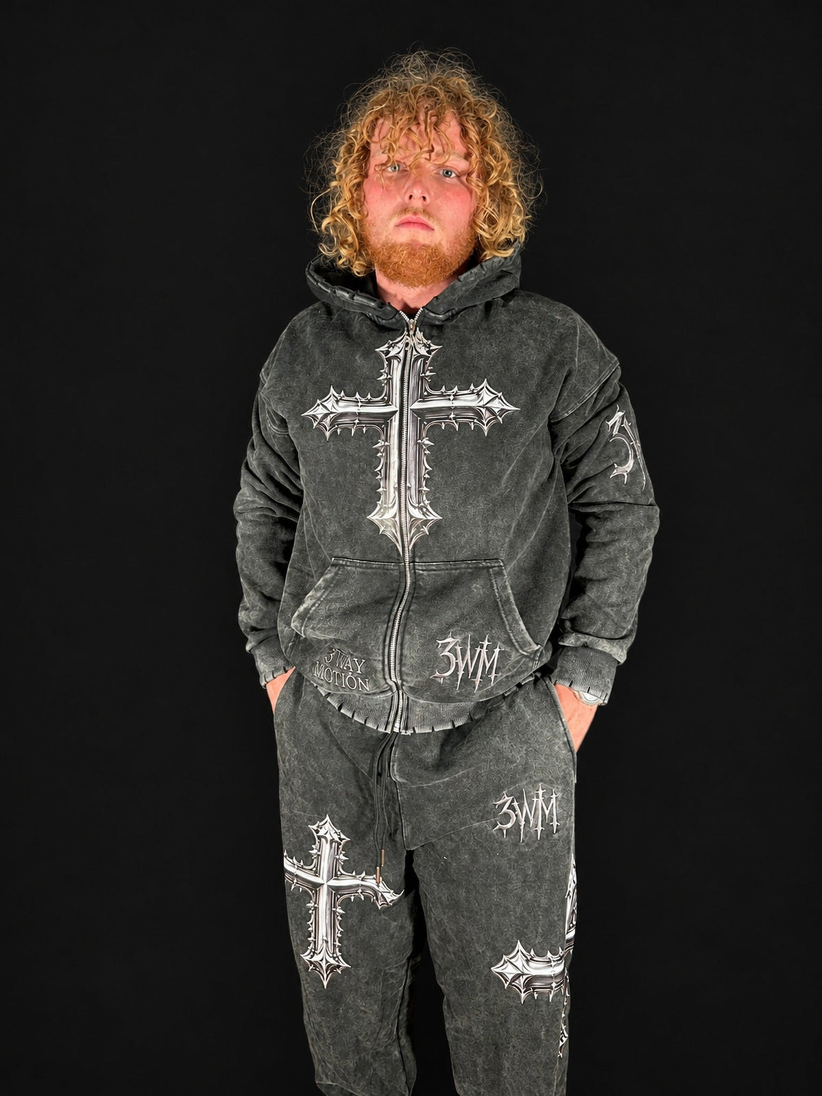 Charcoal — sweatsuit on model, front
