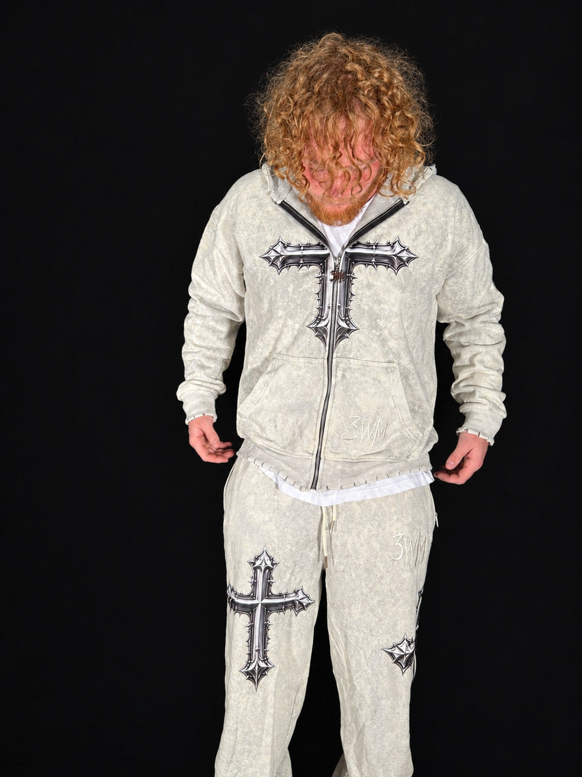 Cream — sweatsuit on model, front